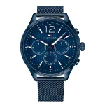 TOMMY HILFIGER 1791471 Stylish blue Tommy Hilfiger chronograph watch with mesh band, featuring date and day indicators, and bold hour markers.